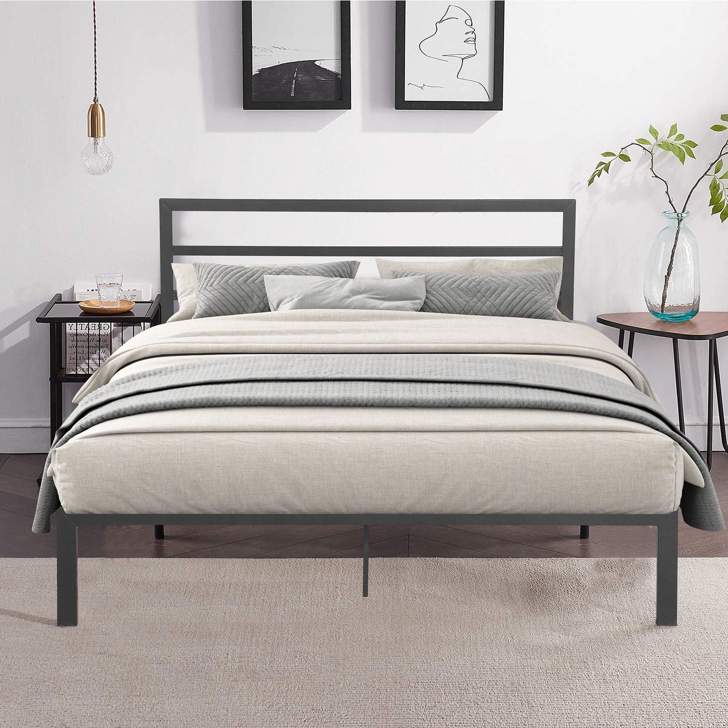 Modern Metal Bed Frame with Headboard and Storage