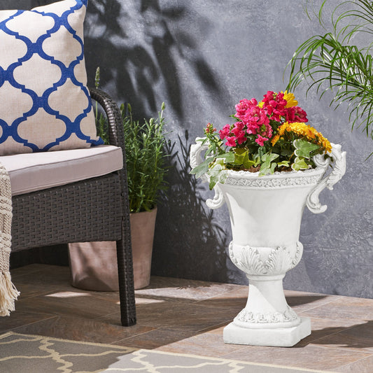 Roman Style MGO Garden Urn Planter by HouseOfZazla, white ornate urn with pink blooms on Tampa Home & Garden Store