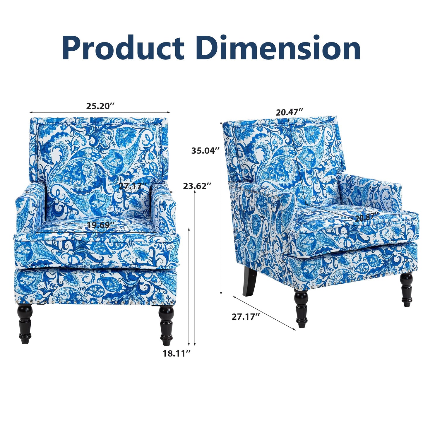 Accent chairs by HouseOfZazla in blue and white porcelain print linen fabric pair on Tampa Home & Garden Store