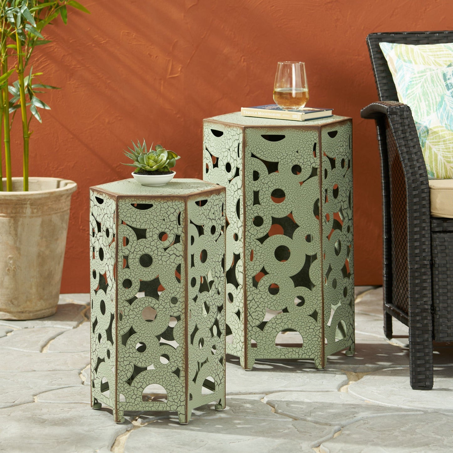 Selva Accent Table Set outdoor side tables, four-piece sage crackle with black cutouts on Tampa Home & Garden Store