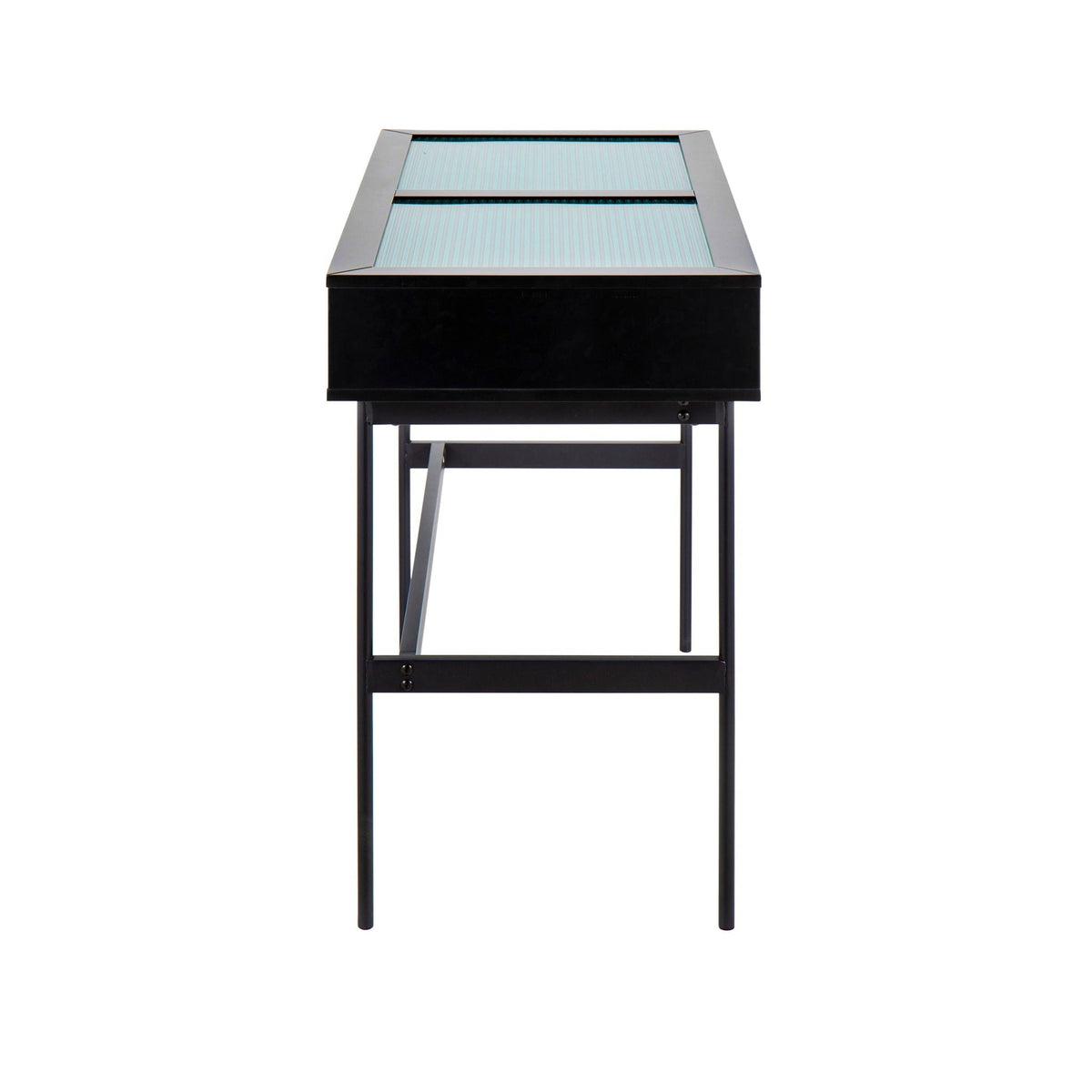 Contemporary console table with tempered glass top, black metal frame on Tampa Home & Garden Store