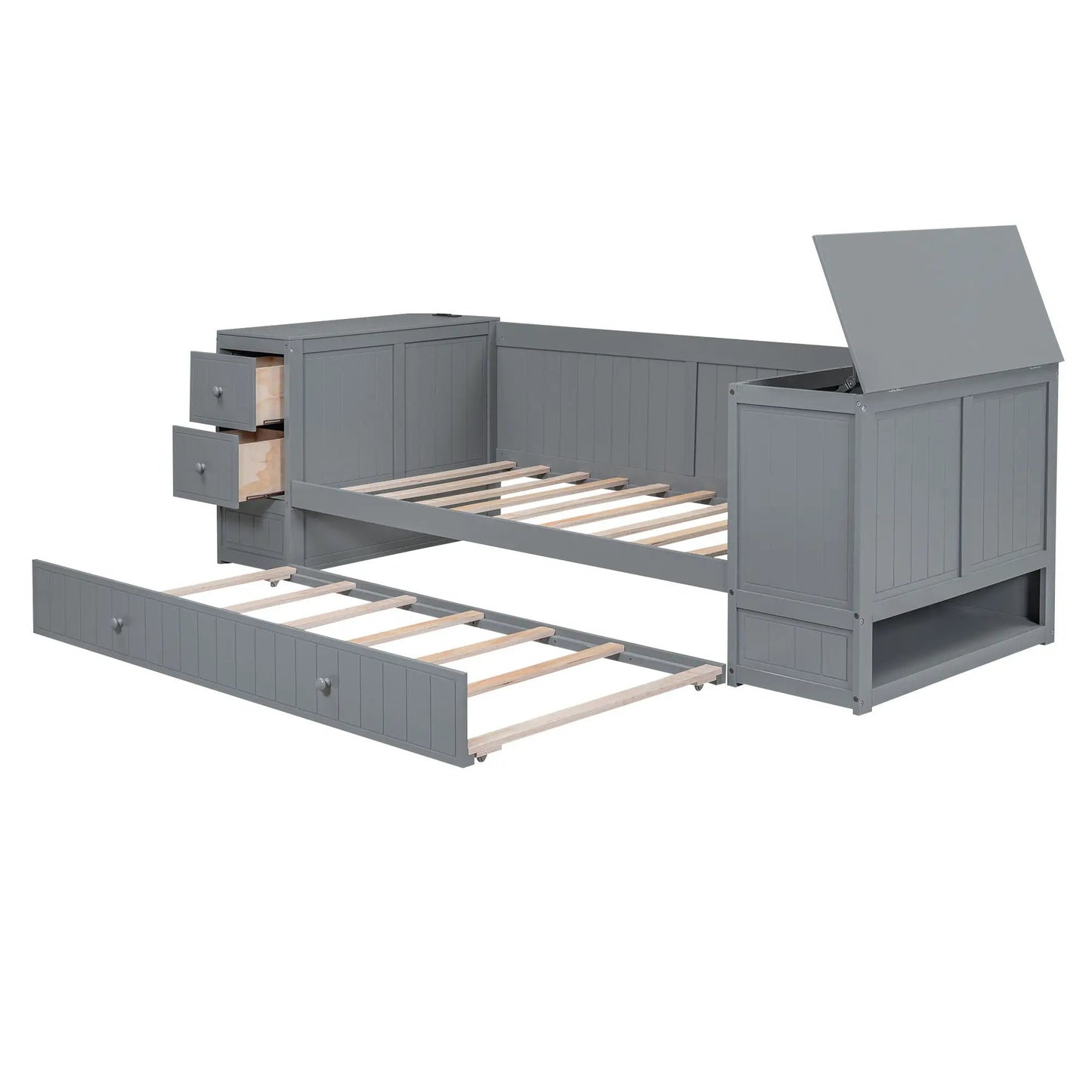 Gray daybed with storage arms and charging station, chest and drawers, wooden slats on Tampa Home & Garden Store