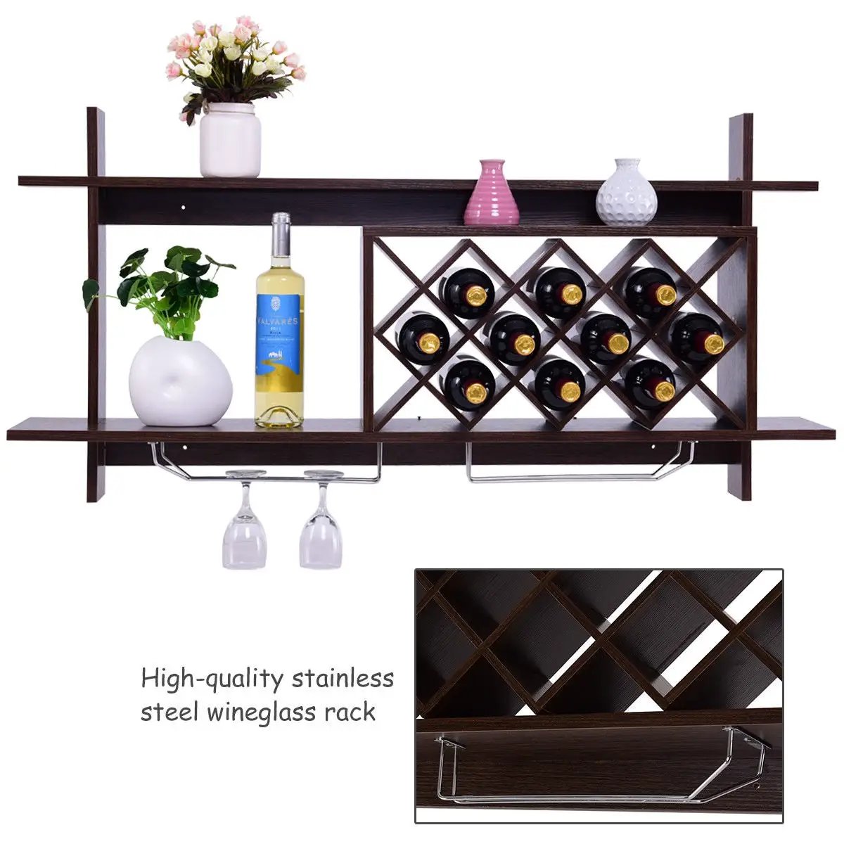 Wall Mount Wine Rack with Glass Holder & Storage Shelf-Walnut - Tampa Home & Garden Store