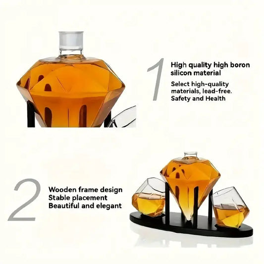 Diamond decanter gift set with amber glass and matching glasses on a black wooden stand on Tampa Home & Garden Store