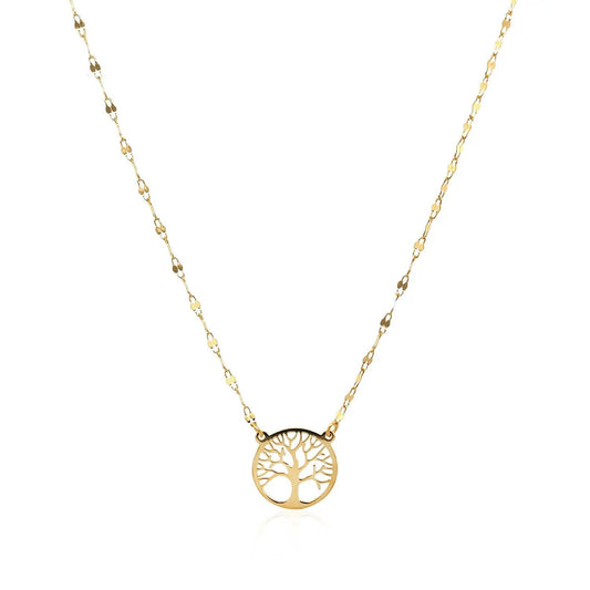 14K yellow gold Tree of Life necklace with circular cutout pendant on a delicate chain on Tampa Home & Garden Store