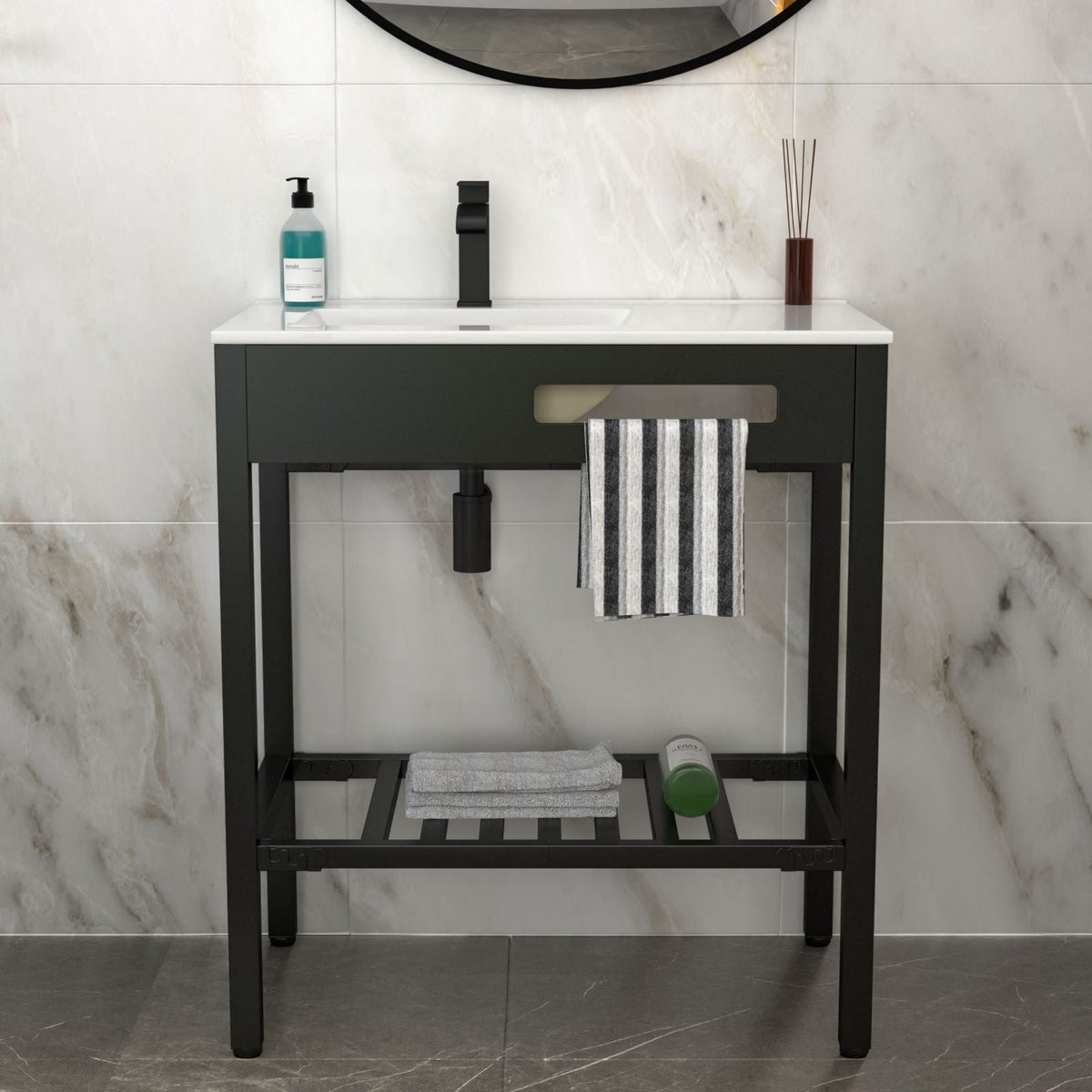 Console sink vanity with white porcelain top and black steel legs by HouseOfZazla on Tampa Home & Garden Store