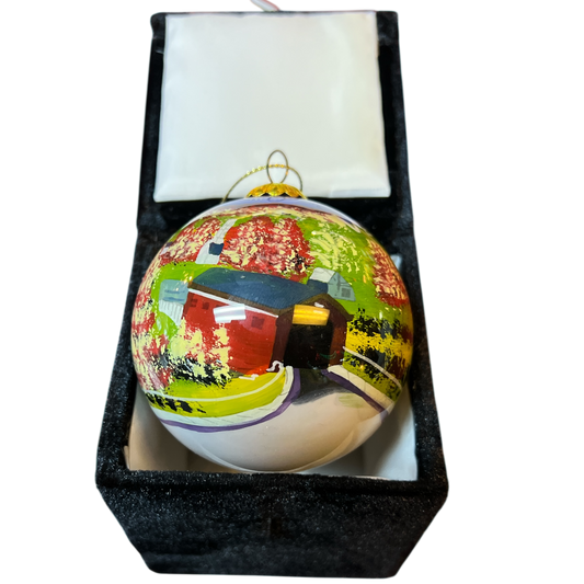 Hand painted glass globe ornament Vermont Bridge with colorful village scene on Tampa Home & Garden Store
