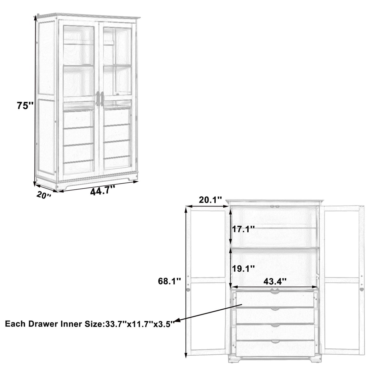 Blue Pine Cabinet With Glass Doors And Drawers