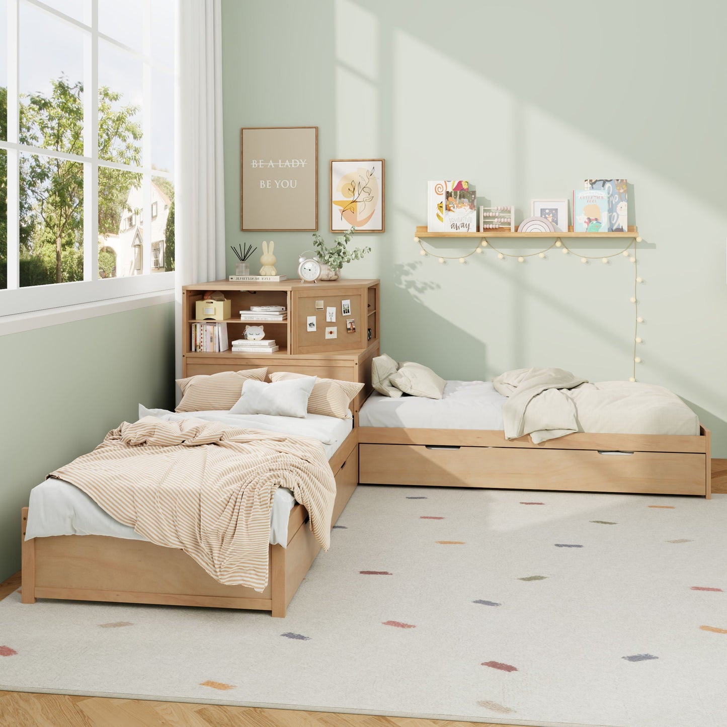 Compact L Shaped Bed Frame with Trundle and Desk