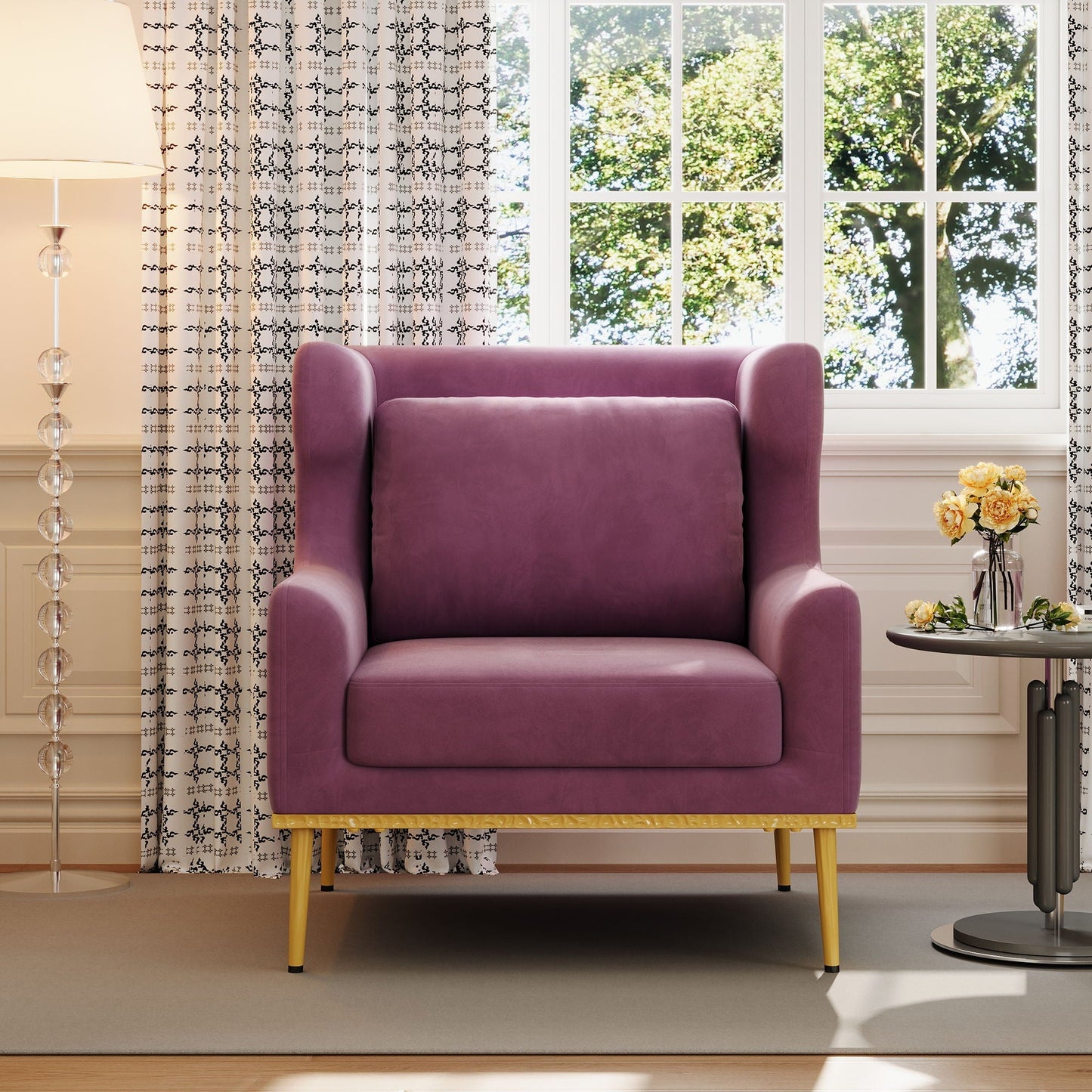 Elegant Curved Armrest Accent Armchair in purple velvet by HouseOfZazla with light wood legs on Tampa Home & Garden Store