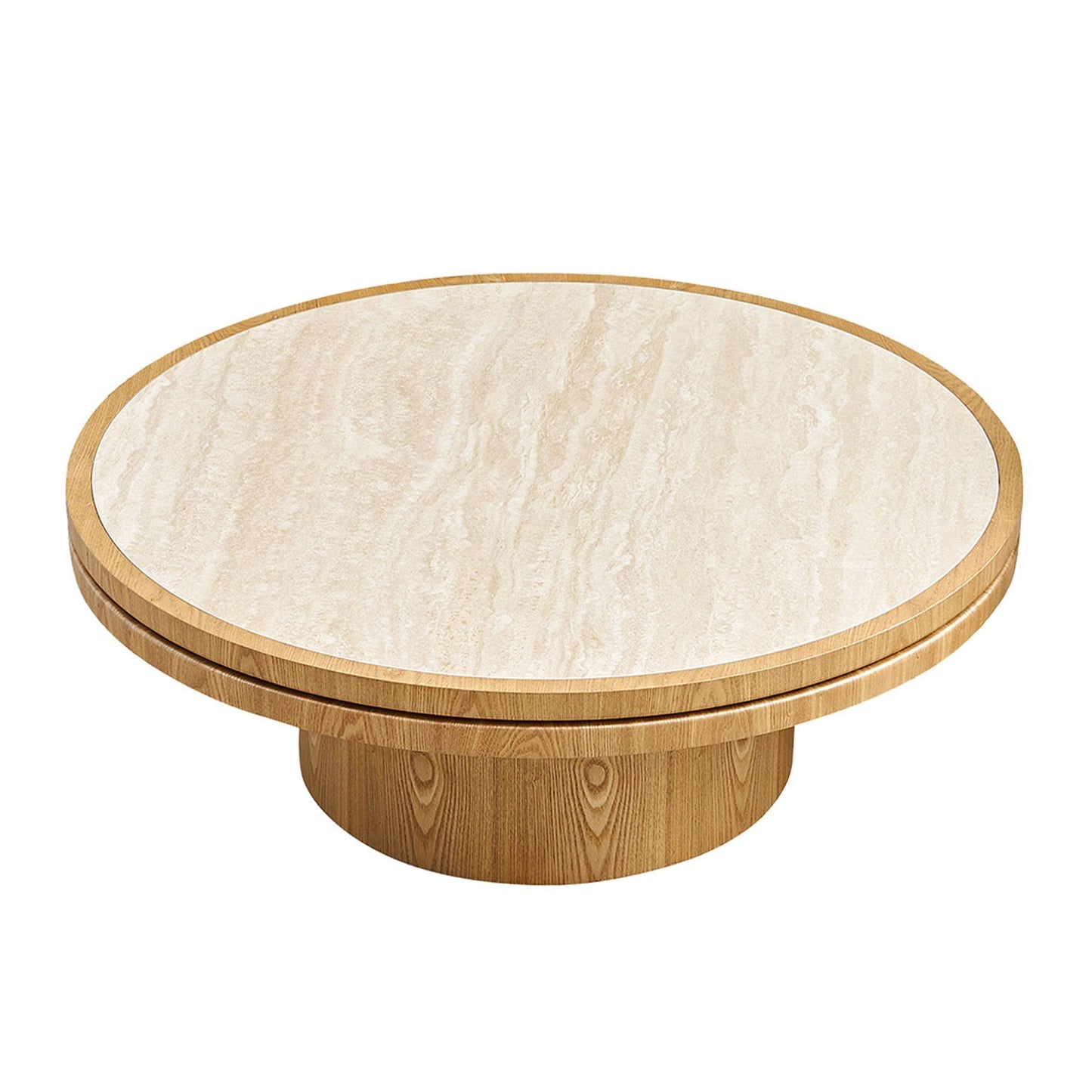 35.43 Inch Round Coffee Table with Sintered Stone Top by HouseOfZazla beige stone top wood base on Tampa Home & Garden Store