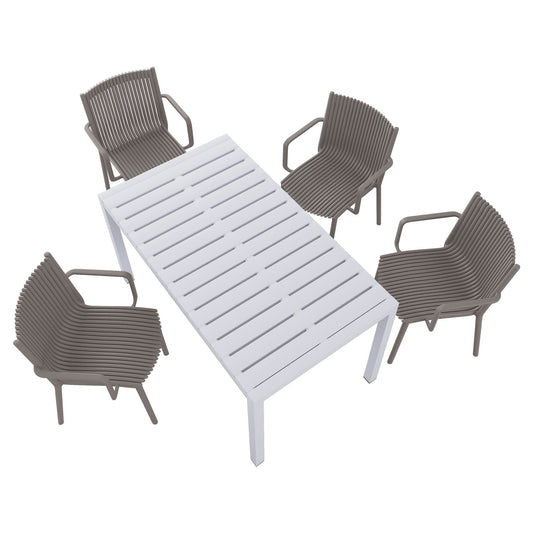 4 Modern Stackable Armchairs with Long Table outdoor set in taupe chairs & white table on Tampa Home & Garden Store