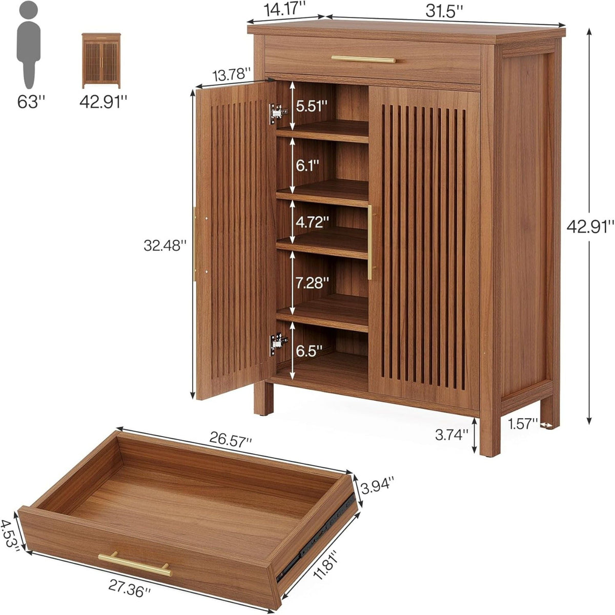 5 Tier Shoe Cabinet with Louvered Doors and Drawer in Brown by HouseOfZazla on Tampa Home & Garden Store