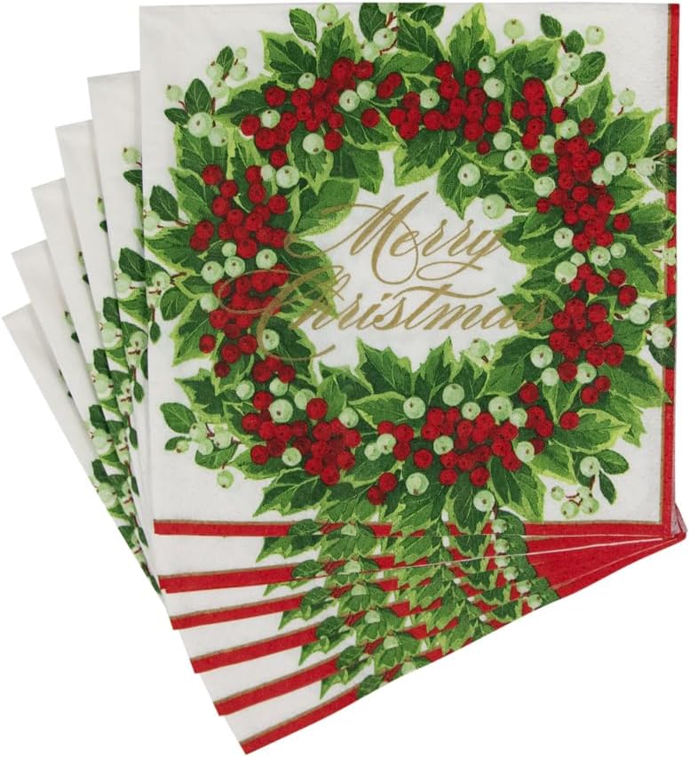 Serviettes de cocktail en papier à motif de couronne de houx et de baies