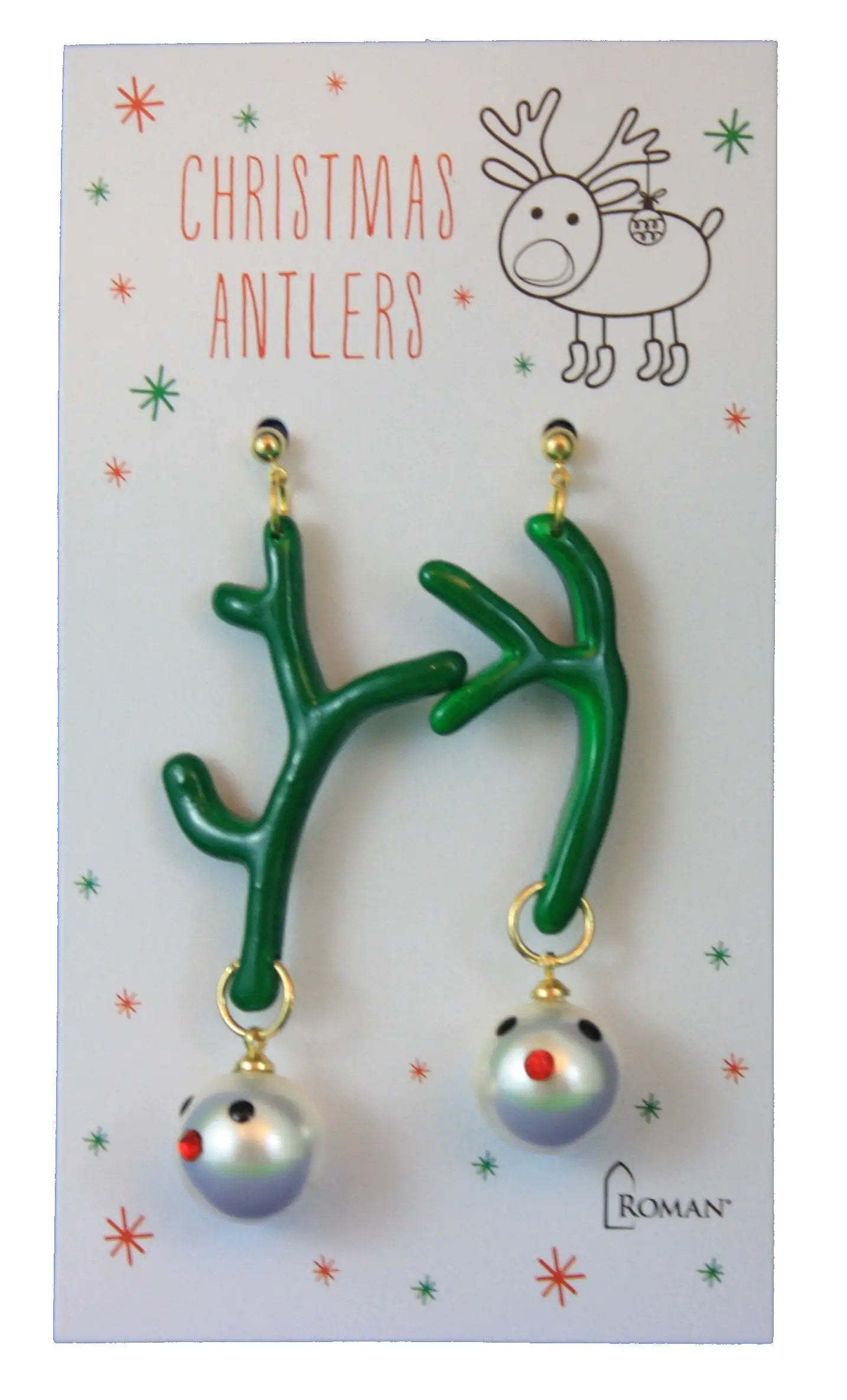 Green reindeer antler earrings set with gold-tone findings and dangling snowman beads on Tampa Home & Garden Store