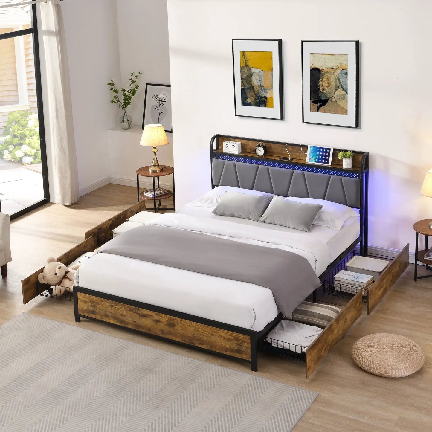 Contemporary storage bed frame with LED-lit headboard and under-bed storage, two beds on Tampa Home & Garden Store
