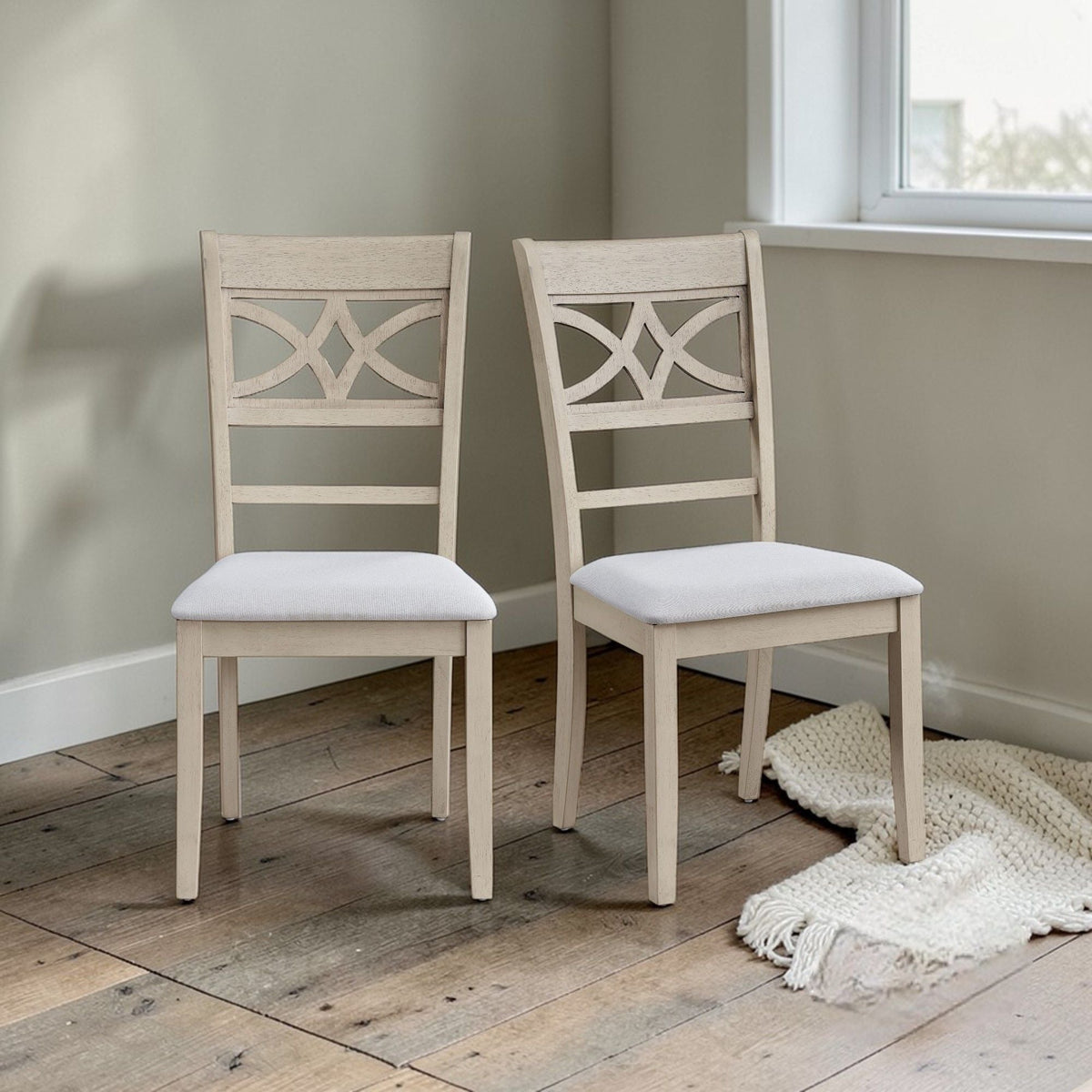 Antique gray side chairs with padded white cushions, decorative lattice back, set of 2 on Tampa Home & Garden Store