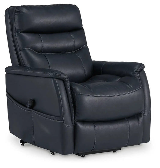 Strawbill power lift recliner dark blue leather with stitched seams and padded arms on Tampa Home & Garden Store