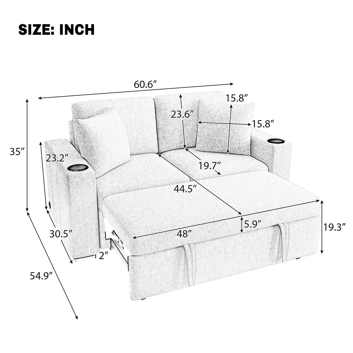 Modern 2-seater sleeper loveseat by Unique Piece Furniture in fabric with built-in USB ports and cup holders on Tampa Home & Garden Store