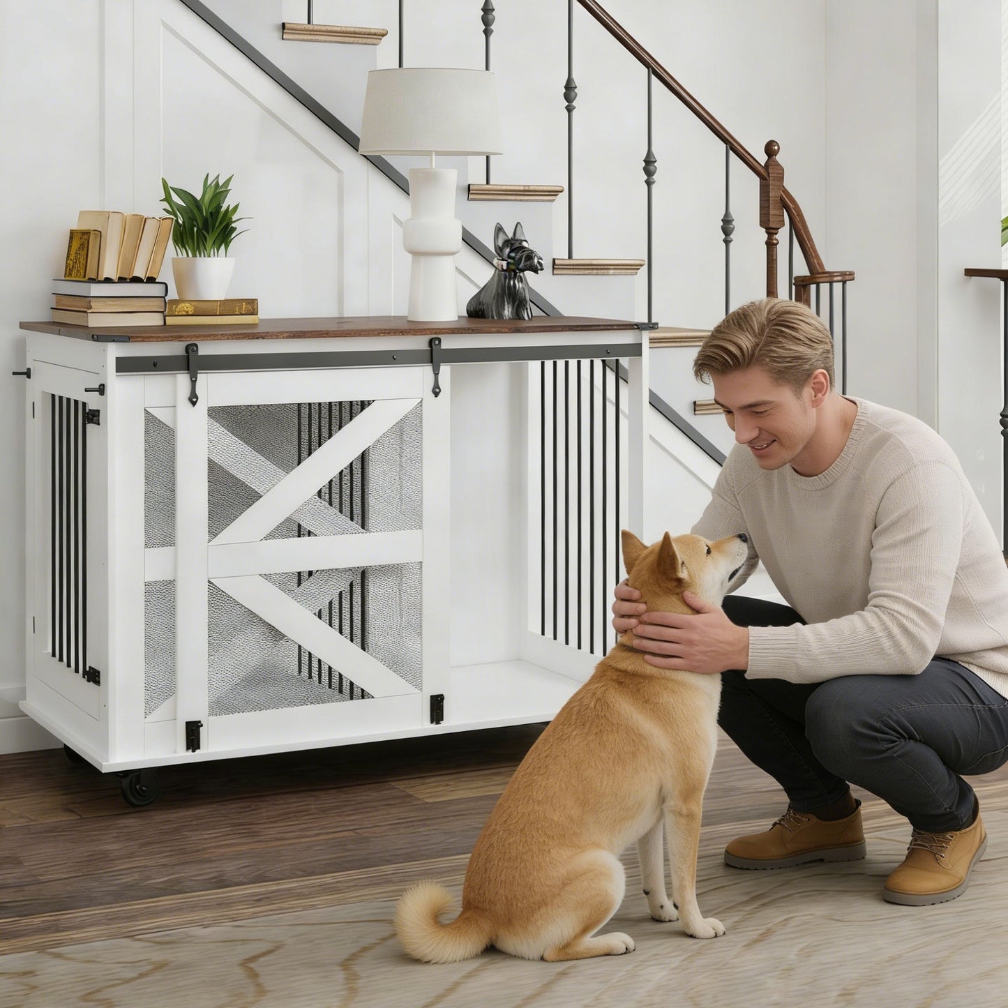Mobile dog crate with flip-top feeding door, white brown top, 5-wheel caster HouseOfZazla on Tampa Home & Garden Store