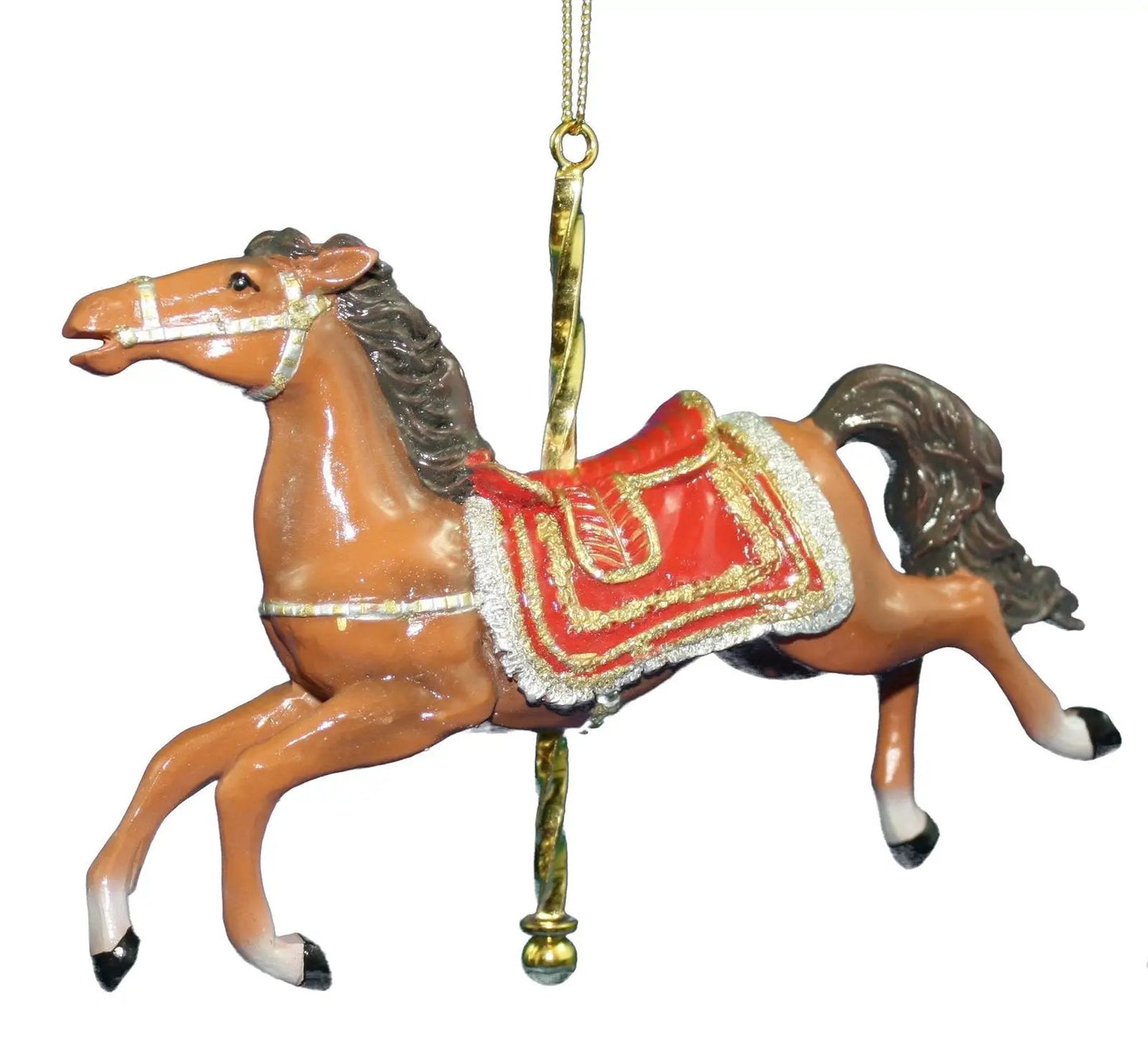 Resin carousel horse ornament brown with red saddle blanket and gold trim on Tampa Home & Garden Store