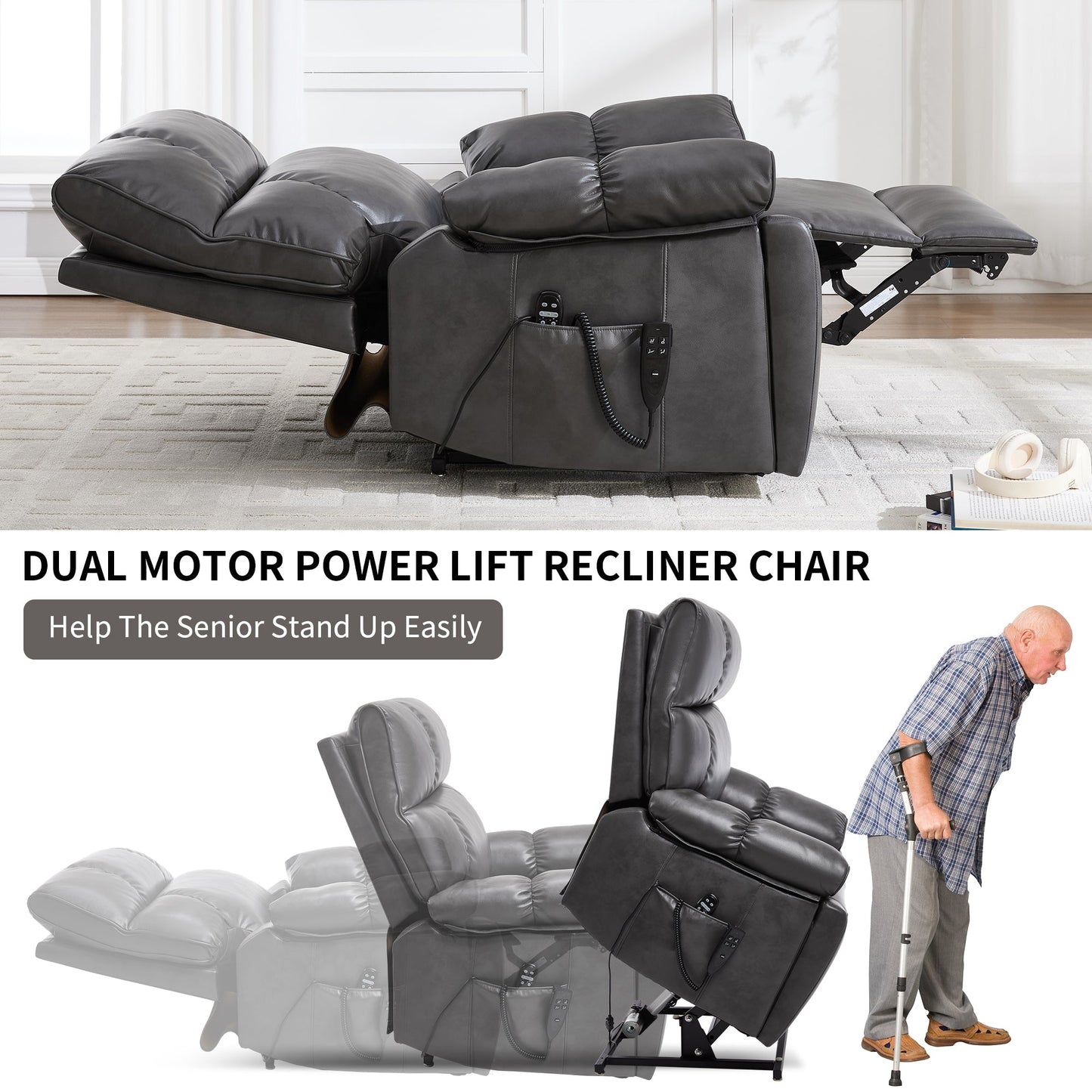 ComfortMax dark oversized lift recliner chair by HouseOfZazla with remote control and side pocket on Tampa Home & Garden Store