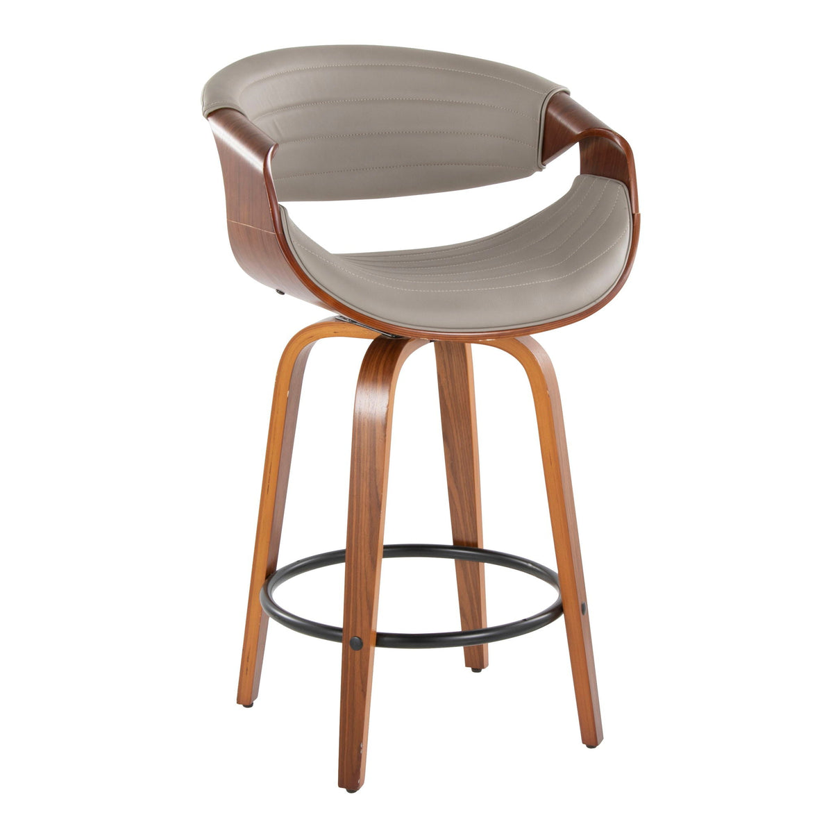 Counter stool by HouseOfZazla with tufted beige upholstery and curved wood swivel arms on Tampa Home & Garden Store