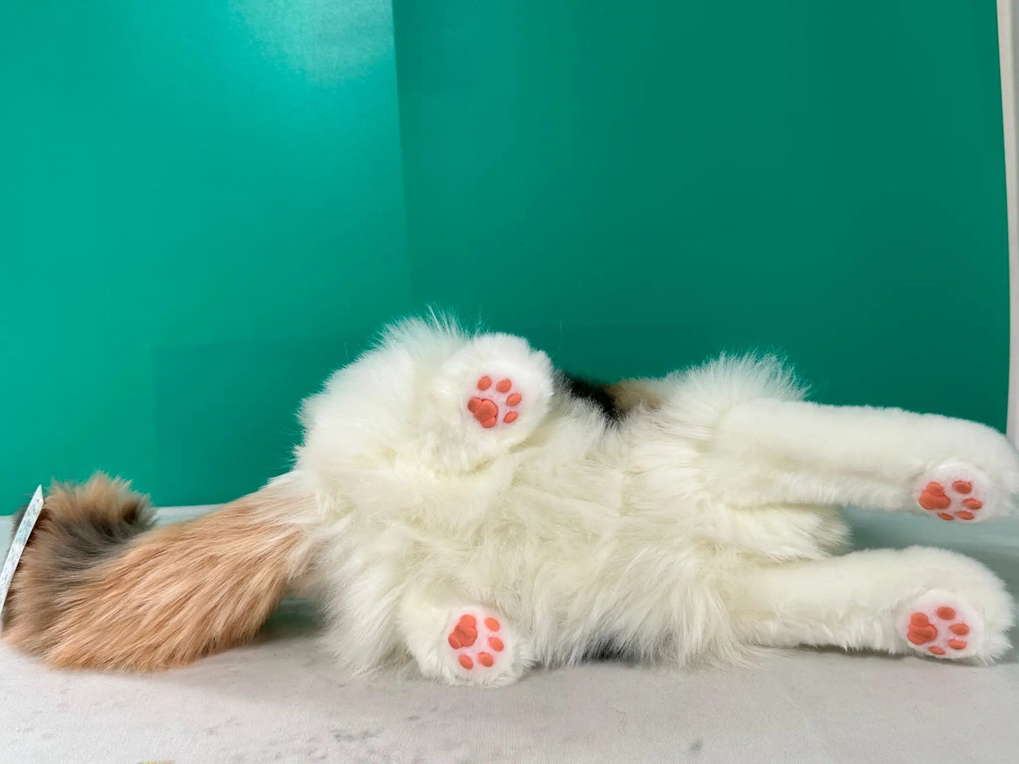 Plush Calico Cat handmade life-size memorial by Chongker, white fur with pink paw pads on Tampa Home & Garden Store