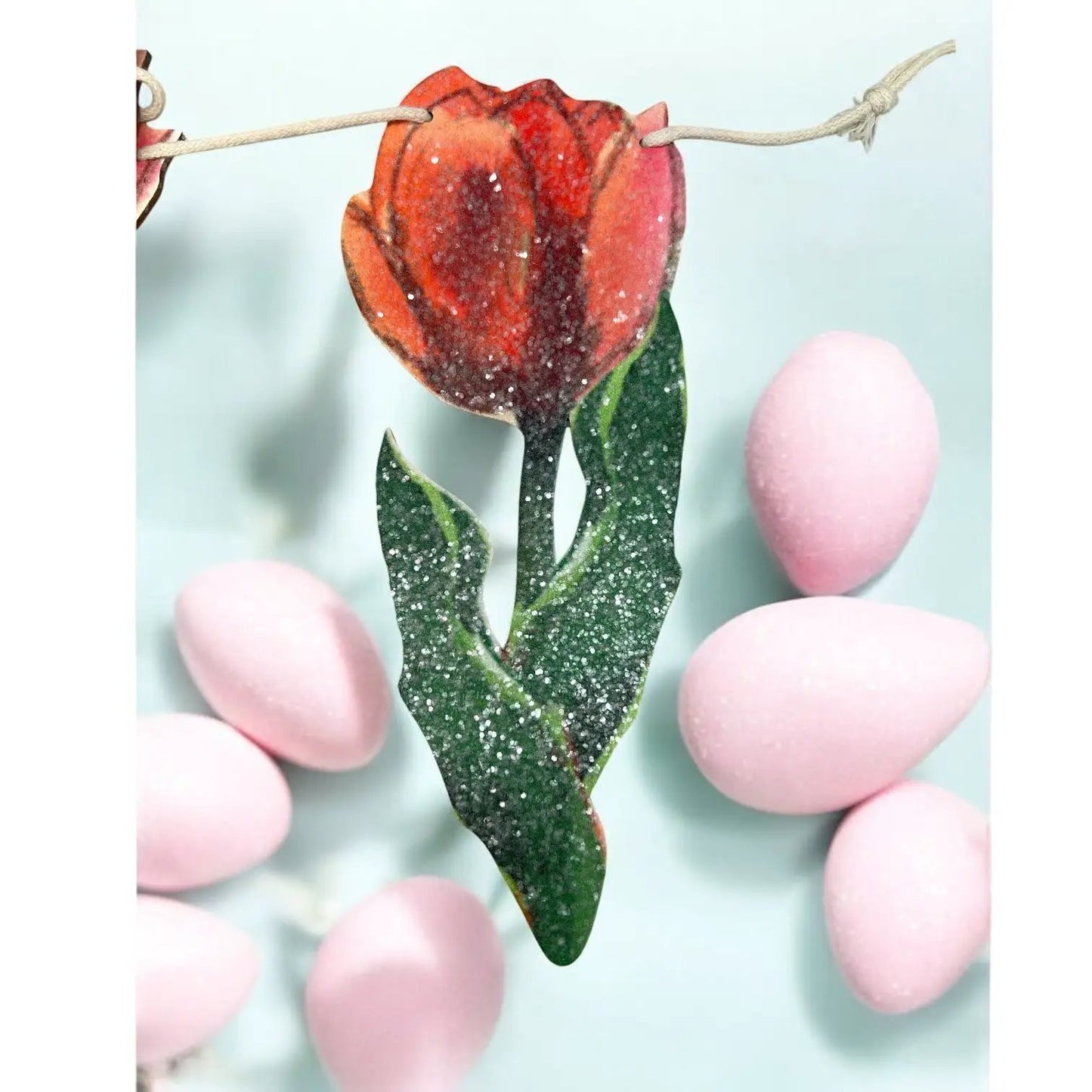 41 Inch wooden tulip garland hand-painted red tulip with green leaves on twine Easter decor on Tampa Home & Garden Store