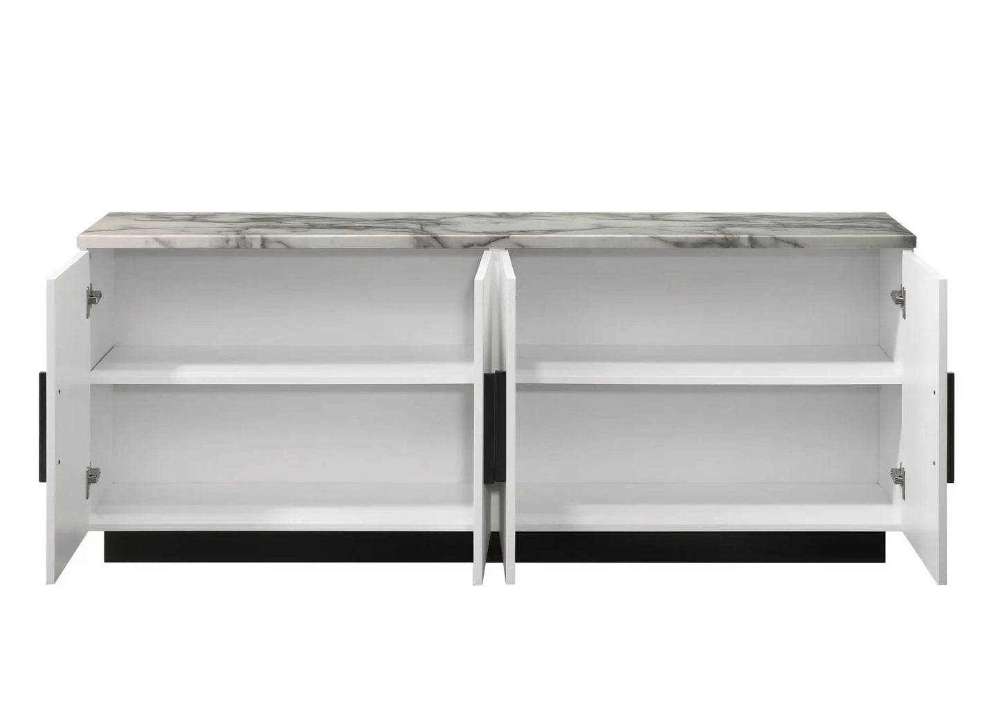 Matilda cabinet console table with white faux marble top, white finish, dual shelves on Tampa Home & Garden Store