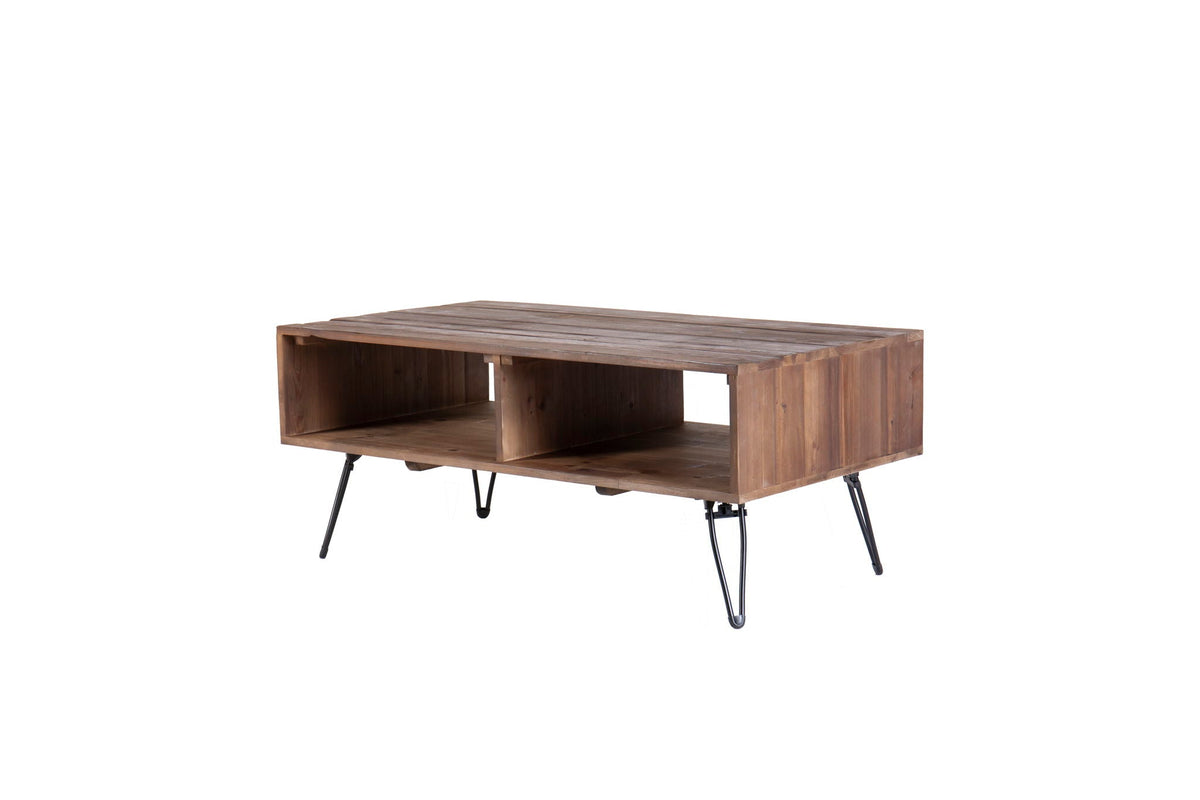 Reclaimed wood cocktail table with open storage, natural slatted top and black metal legs on Tampa Home & Garden Store