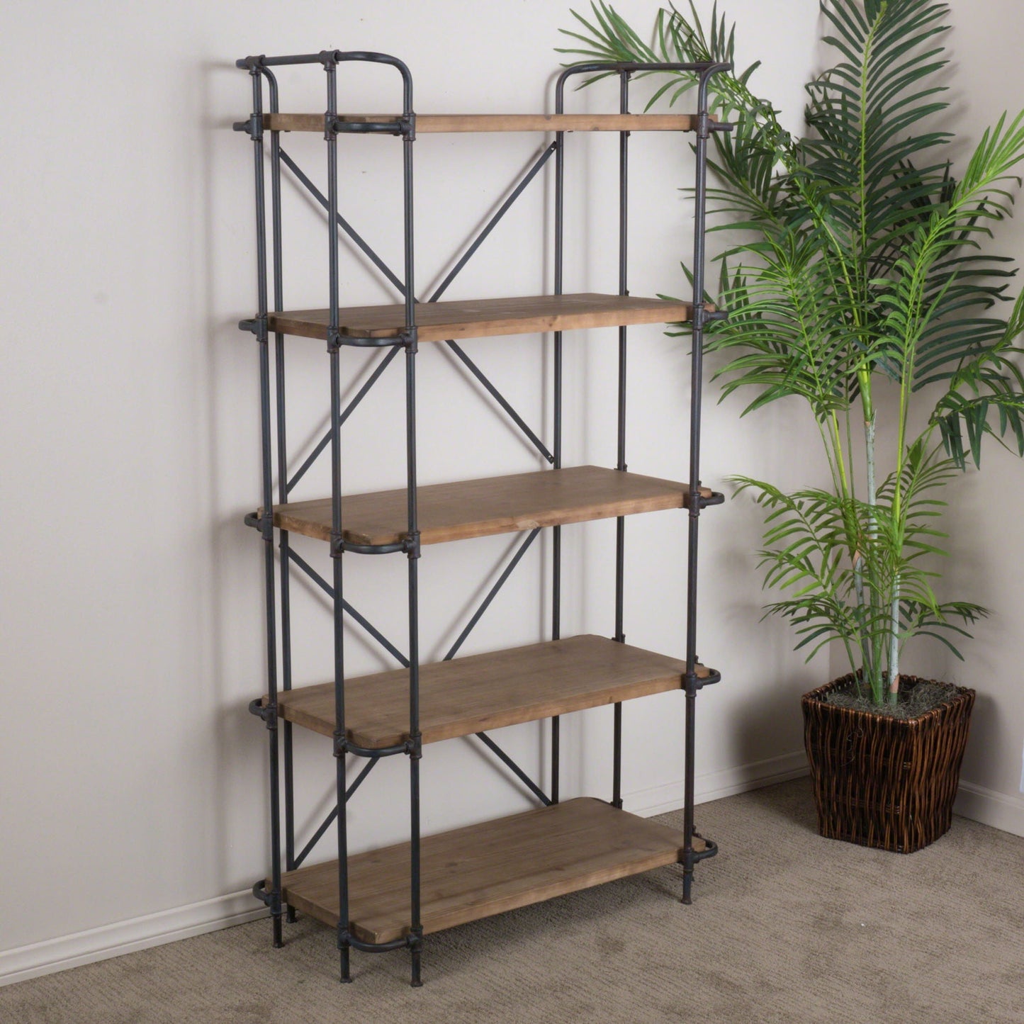 Yorktown Industrial 5-Shelf Bookcase with metal pipework and natural fir shelves, 5-tier etagere on Tampa Home & Garden Store