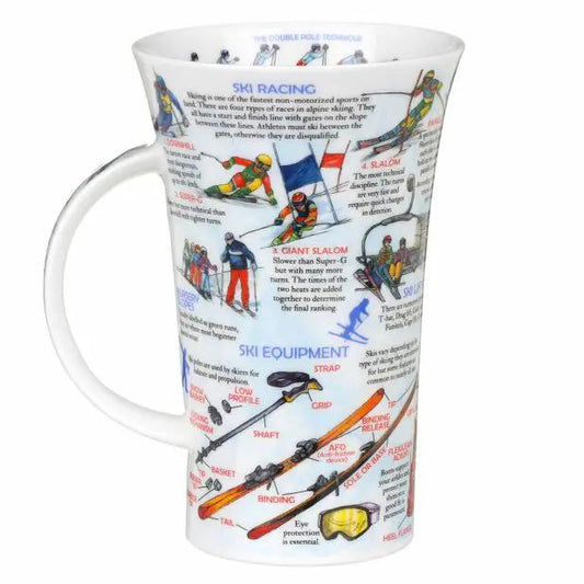 World of Skiing Fine Bone China Mug Glencoe Style white ceramic with ski equipment diagrams on Tampa Home & Garden Store