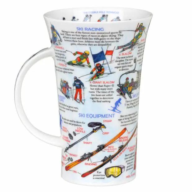 World of Skiing Fine Bone China Mug Glencoe Style white ceramic with ski equipment diagrams on Tampa Home & Garden Store