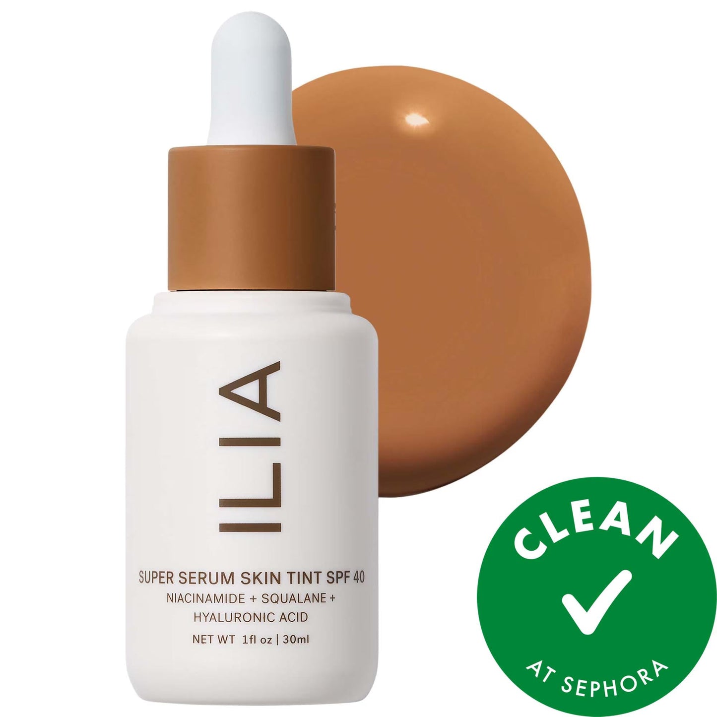 ILIA Super Serum Skin Tint SPF 40 foundation bottle with white dropper cap and brown base on Tampa Home & Garden Store