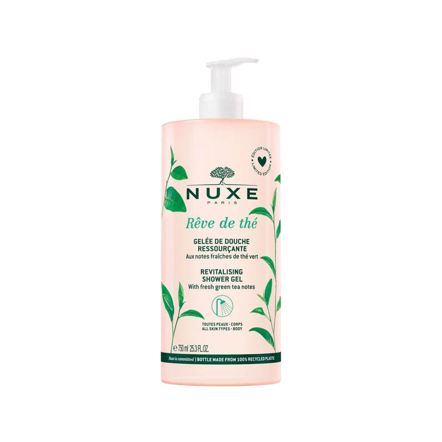 Nuxe Reve de thé Revitalising Shower Gel pink bottle with tea leaves, 750 ml on Tampa Home & Garden Store
