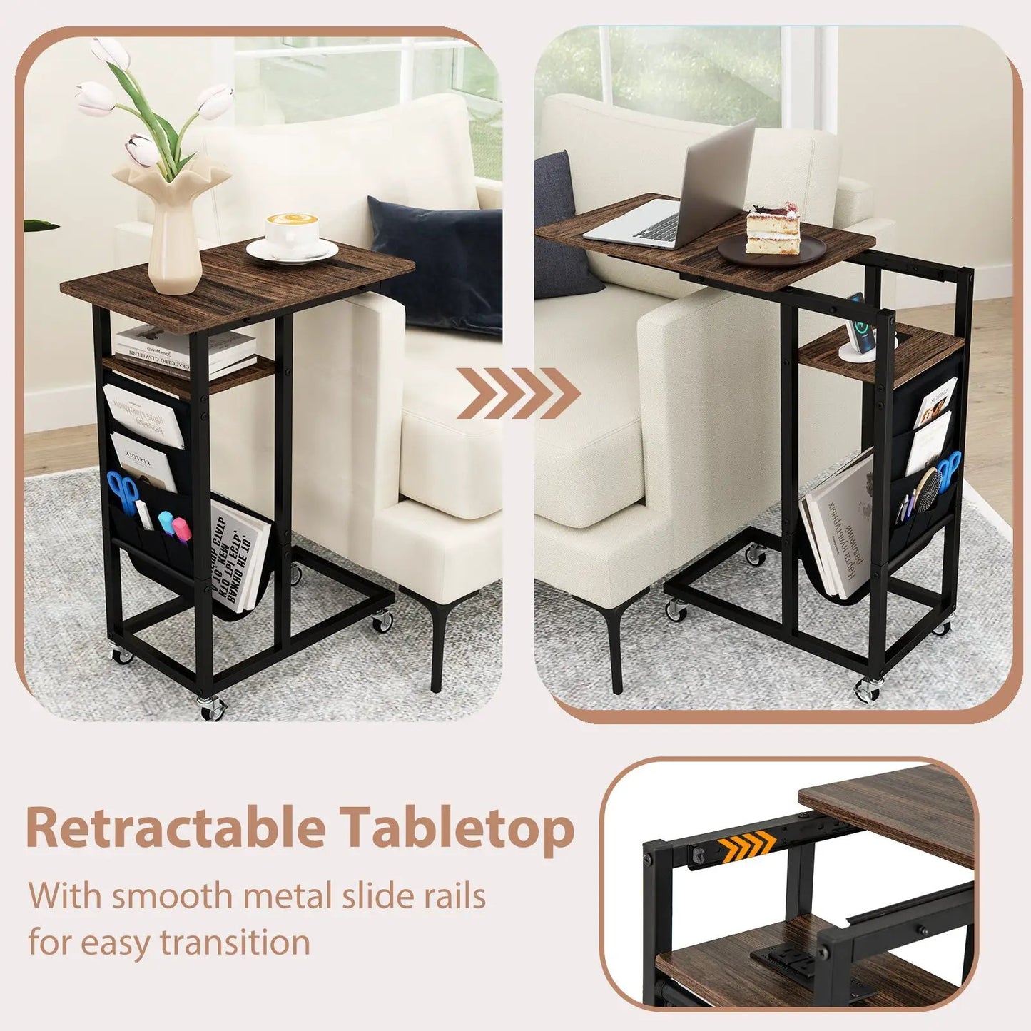 DirectDeals C-shaped end table with charging station, retractable wood top, black metal frame on Tampa Home & Garden Store