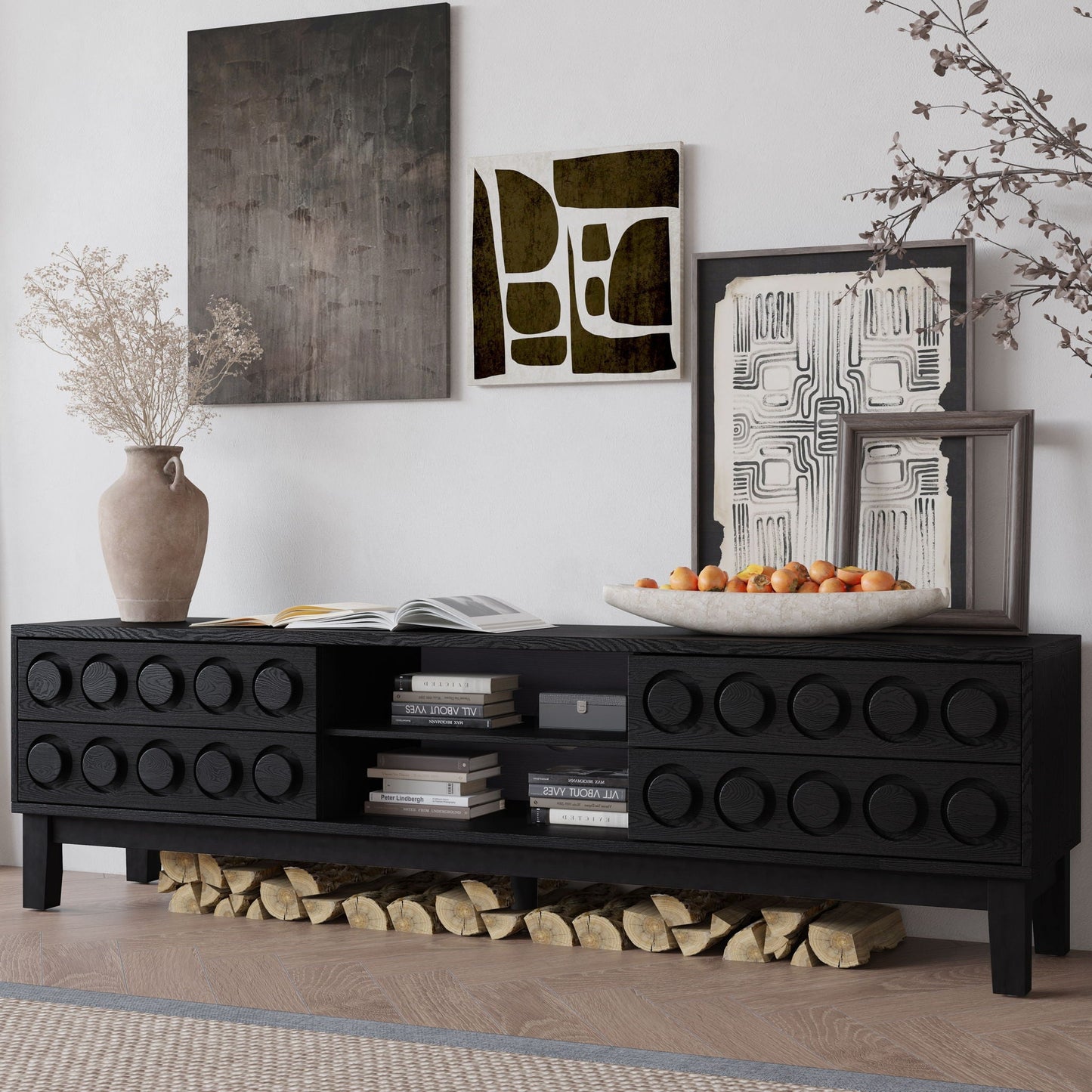 Media console TV stand HouseOfZazla with 4 drawers and cable management, black wood finish on Tampa Home & Garden Store