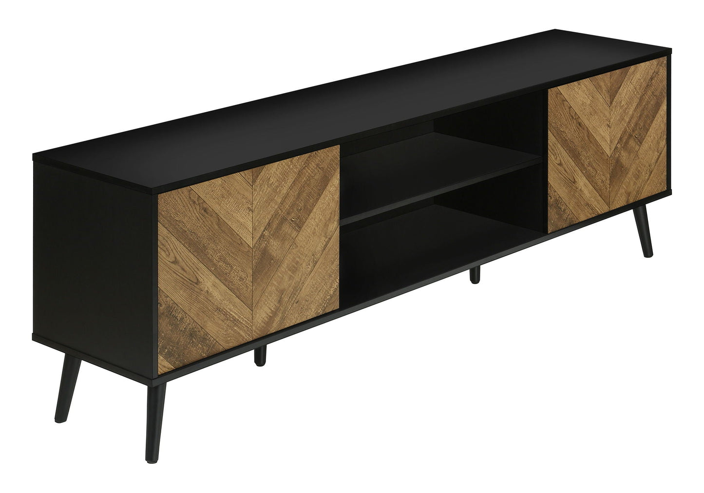 TV stand console in black with chevron wood doors and open shelving by HouseOfZazla on Tampa Home & Garden Store