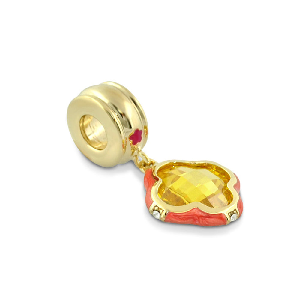 Gabriella Clover bead charm by Lauren G Adams, gold pendant with yellow gem and pink enamel on Tampa Home & Garden Store