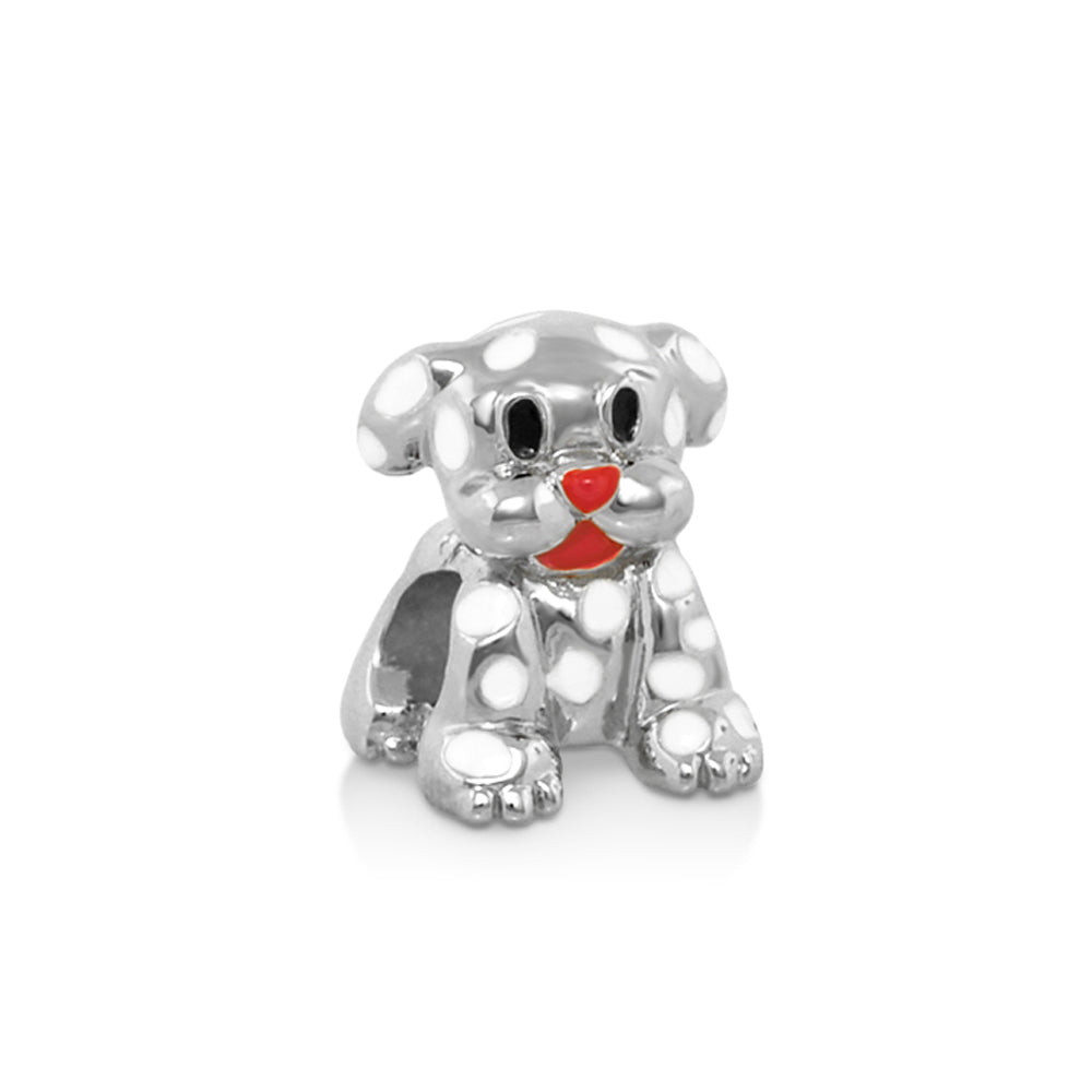 Gabriella Beads puppy charm for bracelets by Lauren G Adams, silver tone with white spots on Tampa Home & Garden Store