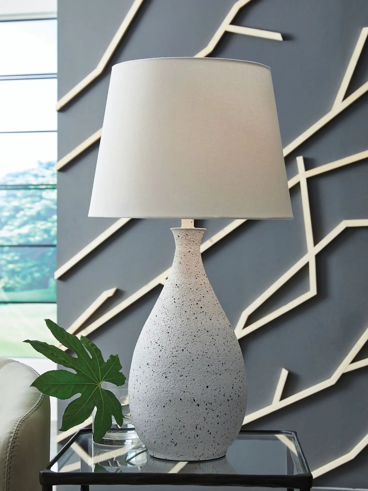 Wyattford metal table lamp white black with speckled base beige shade on Tampa Home & Garden Store