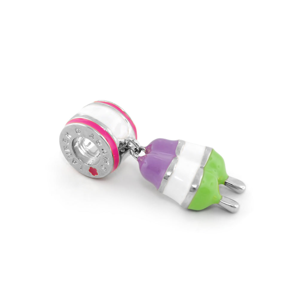 Popsicle charm by Lauren G Adams; glass popsicle pendant in purple white green on pink base on Tampa Home & Garden Store