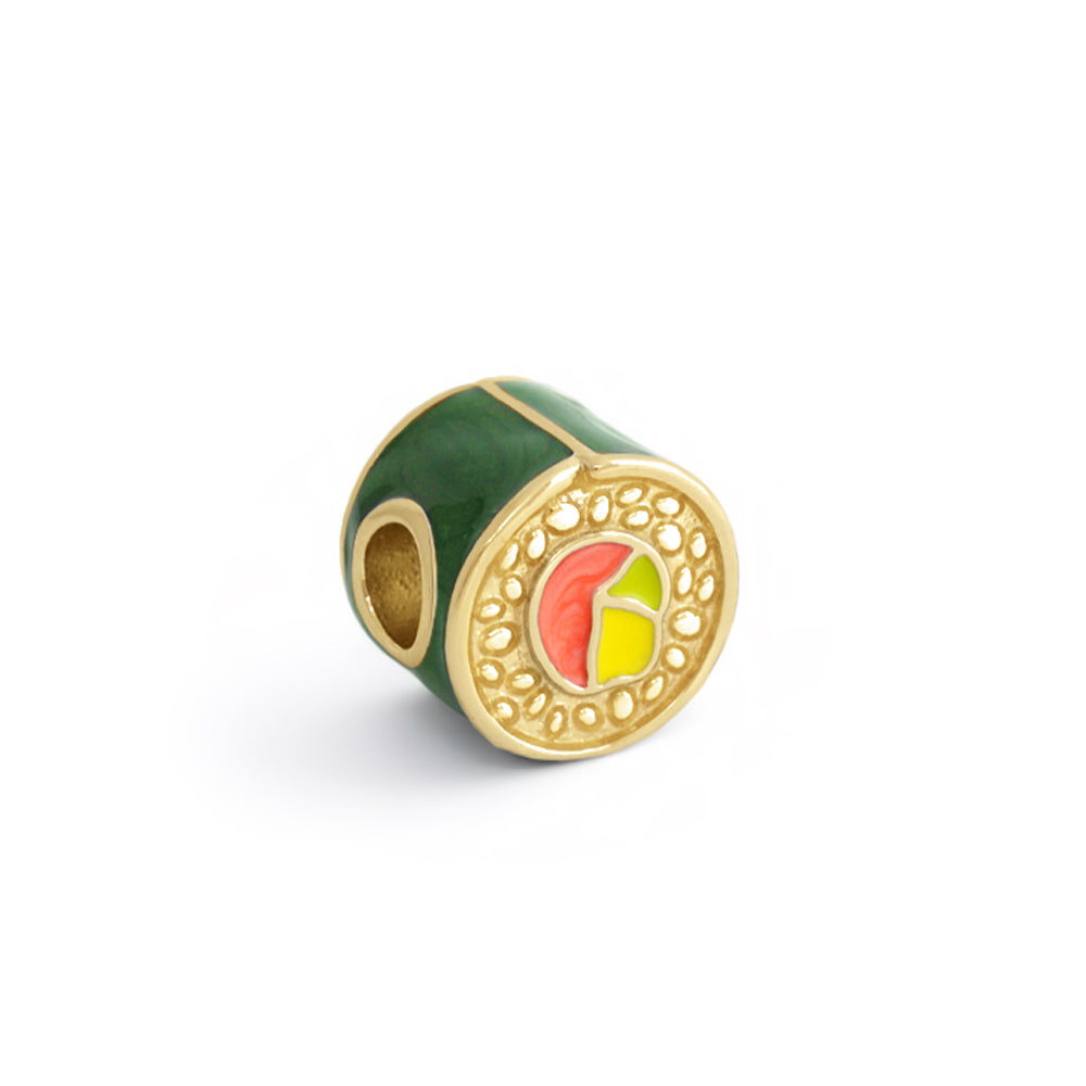 Gabriella Beads Sushi Roll charm, green enamel bead with gold trim and sushi motif on Tampa Home & Garden Store