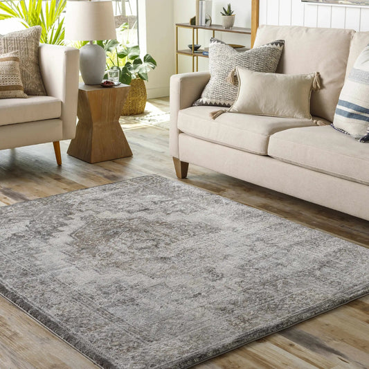 Manaring Charcoal Luxe Thick Area Rug with soft gray pile in a modern living room on Tampa Home & Garden Store