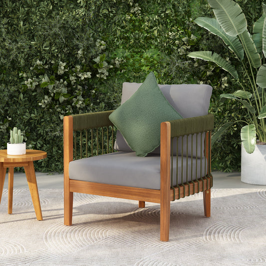 Acacia wood outdoor club chair with handwoven rope accents, gray cushion, 1 table on Tampa Home & Garden Store