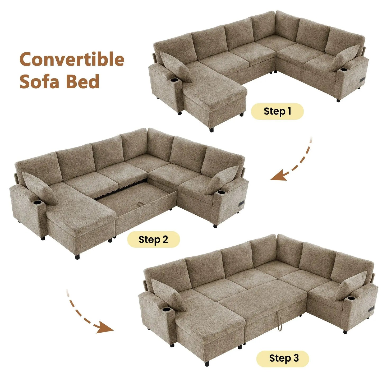 Brown U-shaped sectional sofa bed with storage, charging ports, and cup holders on Tampa Home & Garden Store