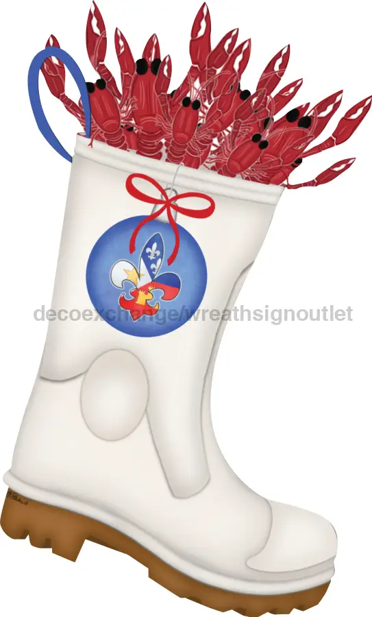 Door Hanger 22in Cajun Christmas boot DecoExchange with fleur-de-lis badge and red crawfish on Tampa Home & Garden Store