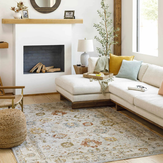Calingcuan Luxe Oushak Rug with Medallion Pattern by Boutique Rugs, cream with muted tan accents on Tampa Home & Garden Store
