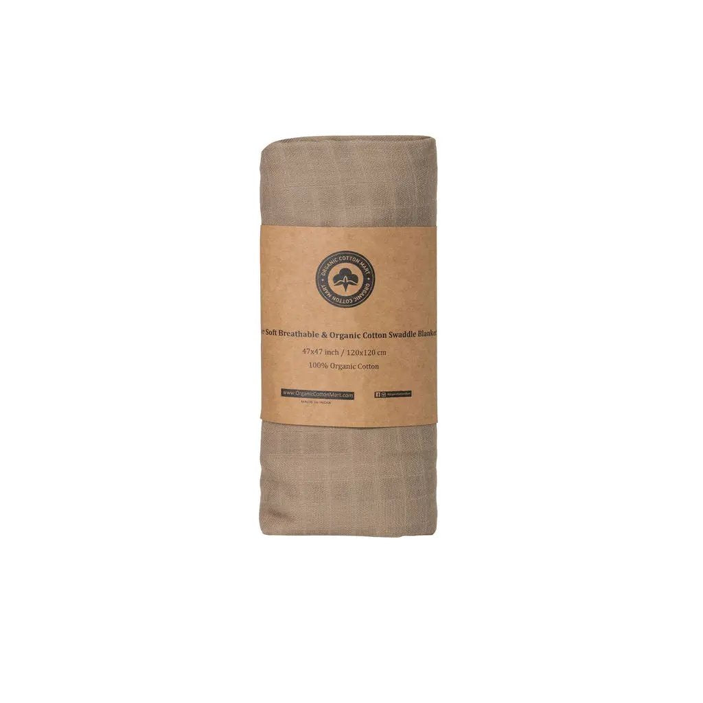 Muslin Swaddle Blankets 2-layer cotton gauze in taupe with Organic Cotton Mart kraft wrap label on Tampa Home & Garden Store